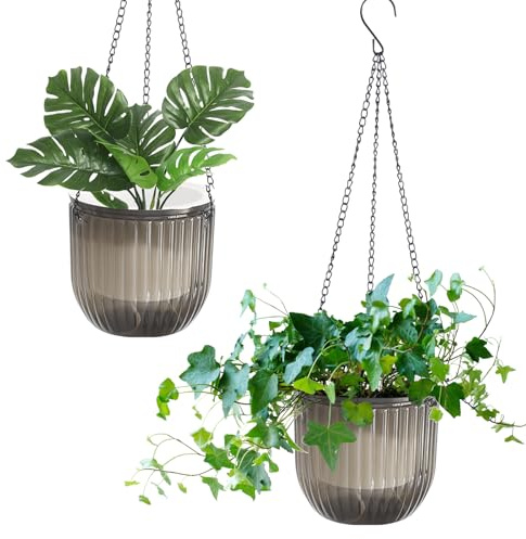 hifrom Blomkrukor för upphängning, blomampel, utomhuskorgar med kedja, kokos stor liter volym (set om 2 transparent grå 16,5 cm)