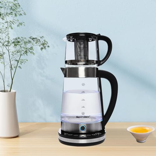 Qussse 1500W Elektrischer Wasserkocher aus Glas, Tragbarer Heißwasserkocher mit Teesieb, Thermo-Teekanne mit 2.5L + 1L, LCD-Anzeige, Trockenlaufschutz, für Büros Hotels Wohnungen und Haus