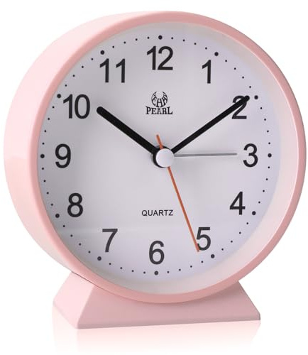 Small Bedside Analogue Alarm Clock with Night Light for Office Bedroom School Travel Heavy Sleeper Super Silent Non Ticking Round Metal Desk Clocks Battery Powered for Elderly Adults Child (Pink)