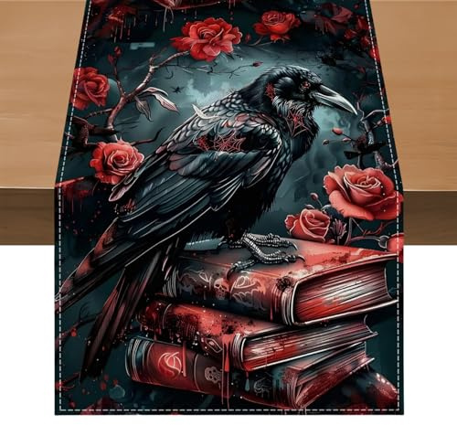Evadollina Halloween Tischläufer, Halloween Table Runner, Krähe Deko Leinen Abwaschbare Tischläufer, für Küche, Bar, Esstisch, 183*33 cm Kürbis Table Runner (Typ B)
