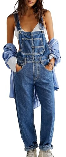 Kfsghdnz Women Denim Overalls Adjustable Strap Suspender Wide Leg Casual Bib Pants Jumpsuit Summer Loose Fit Jeans Dungarees with Pockets