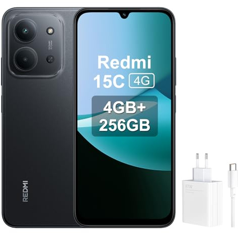 XIAOMI Redmi 15C - Smartphone de 4 + 256 GB, color negro Midnight, pantalla de 6,9 120Hz, MediaTek Helio G81-Ultr, cámara de 50 MP, 6000 mAh, no incluye cargadores, incluye cargador de 67 W