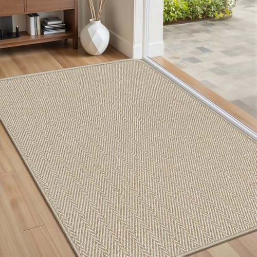BEISIFLOOR Ultra Thin Door Mat Indoor Entrance 24x36, Low-Profile Indoor Door Mat, Non Slip Entry Mat Rubber Backing Unique Herringbone Design Inside Doormat Dirt Trapper Entryway Mats, Beige