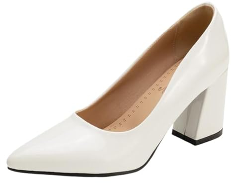 XINXINIO Pumps med spetsiga tår och blockklack | 8 cm klack av glänsande syntetiskt lackläder | halkfri gummisula | Många färger för arbete och fritid, Vit, 34 EU