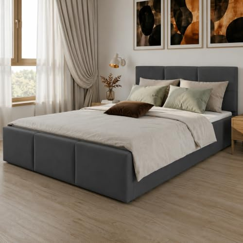 Home Collective Polsterbett, Bett mit Stauraum, Stauraumbett mit Lattenrost gepolstert mit Kopfteil Doppelbett mit Bettkasten | Gasdruckfedern & Metallrahmen, Samtpolsterung | 160×200 cm | Graphit