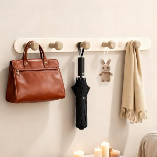 Itharon Ganchos de pared con 5 ganchos de madera, Percha de pared con barra de perchas, Colgador de pared con barra de ganchos para dormitorio, cocina, vestíbulo
