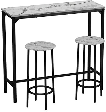 URBNLIVING CANCUN Bar Table and Stools Set – Industrial Kitchen Dining Breakfast Counter Furniture with 2 or 4 Chairs, Space-Saving Design for Home & Small Spaces - 3 Piece - White Marble