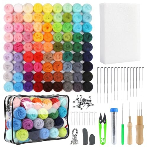 Kit de Lana para Fieltro 100 Colores, 300g Lana de Cuento para Fieltrado en Seco y Húmedo, Agujas de Fieltro, Herramientas y Tiras de Lana, Ideal para Manualidades DIY de Animales y Kits de Fieltro