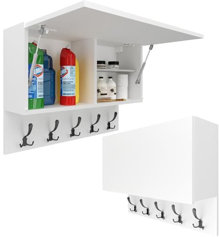 Milionmeblicom Badezimmerschrank mit schwarzem Dreifachhaken Paula Hängeschrank Badezimmermöbel Klappbarer Badezimmer Wandschrank Teleskopöffnung - Mattweiß/Front : Mattweiß, Maße 39 x 90 x 23 cm