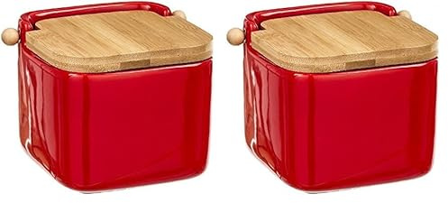 d'CASA Salero Rojo cerámica con Tapa de madera, 12x12x11 cm (60051) (Paquete de 2)