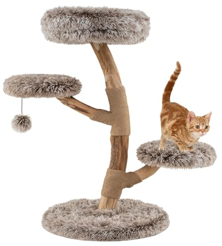SOARS Kratzbaum Holz, 90 cm Katzenbaum mit 3 Plattformen, Kratzsäulen & Plüschball, Katzenkratzbaum klein, Kletterbaum für Katzen, Katzenmöbel