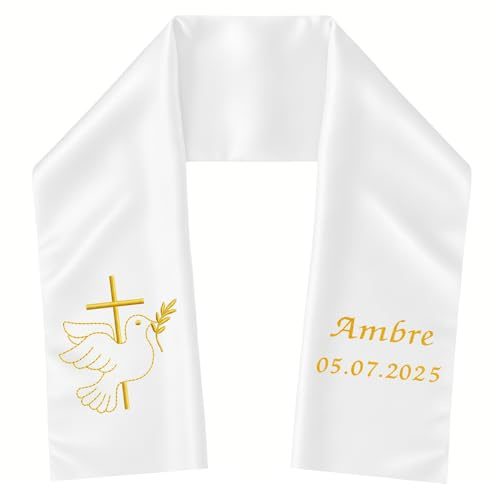 Atelier Fildor Stola di battesimo personalizzata – Ricamo colomba e croce – Nome e data – Sciarpa in raso bianco fatta a mano (neonato/bambino) – 85×15 cm