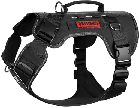 OneTigris Hundegeschirr Große Hunde, TACTILITE Taktisches Langlebig Anti Zug Geschirr, No Pull Verstellbar Brustgeschirr mit 4 D-Ringe, Reflexstreifen Schwarz L