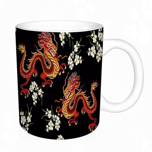 AELKSP Tazas grandes de 330 ml para café, tazas desayuno, té y bebidas calientes, tazas de cafe, Dragón oriental rojo descendente sobre fondo negro,regalo aniversario pareja