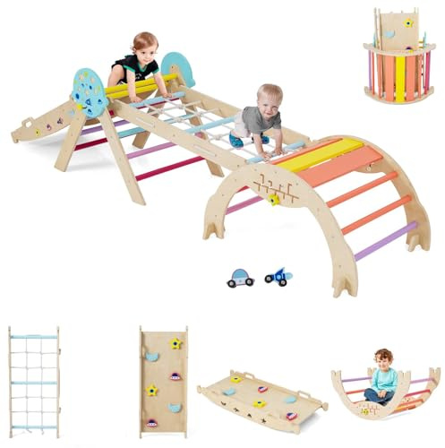 GYMAX 8 in 1 Kids Climbing Set, Wooden Toddler Climber with Arch, Climbing Rope and Reversible Ramp, Indoor Climbing Frame for 3 Years Old + (Colorful, Spaceman-Themed: 281 x 53 x 58 cm)