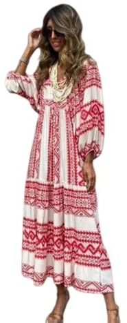 Veslyn Abito Donna Boho Geometric Stampa V-Collo Maxi Manica Lunga Puff A Livelli Sciolto di Vacanza Spiaggia Estiva Casual-Mixed Color-XL