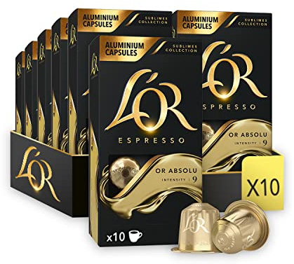 L'OR - Café Espresso - Or Absolu - Intensité 9 - Arômes Boisés et de Réglisse - 5X20 capsules aluminium | Compatibles Nespresso®*, lot de 10 x 10 capsules aluminium