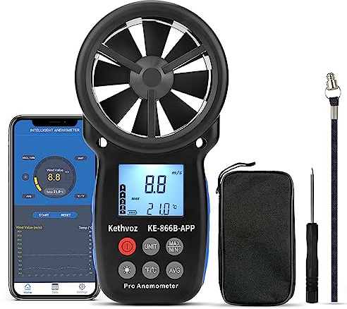 Kethvoz Digital Bluetooth Anemometer Handheld, Wireless Anemometer Wind Speed Meter Measuring Wind Speed/Temperature with Backlit and Max/Min/AVG for Climbing, Cycling,Shooting, Sailing, Flying