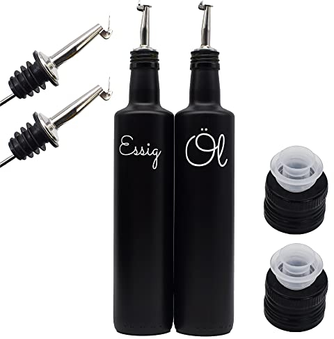 FLASCHE Essig Öl Set mit Edelstahl Ausgießer - 500 ml - 2x Deckel in Schwarz - ideal für die Küche (Schriftfarbe: Weiß)