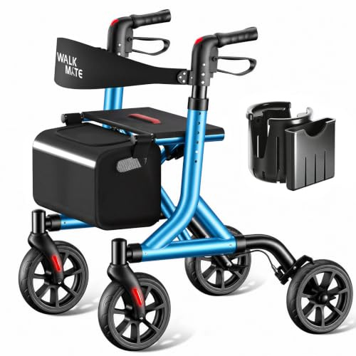 WALK MATE Rollator Walker for Seniors with Cup Holder, Upgraded Thumb Press Button for Height Adjustment, 8 Inch Wheels Walker with Seat Folding 14.7lb Lightweight Walking Aid, 300 lb Capacity, Blue