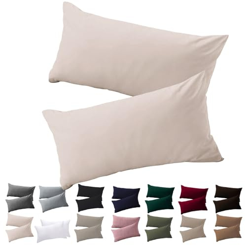 Soifox Kissenbezug 40 x 80 2er Set - Kopfkissenbezug 40x80 Beige 100% Mikrofaser bügelfrei & knitterfrei mit Reißverschluss