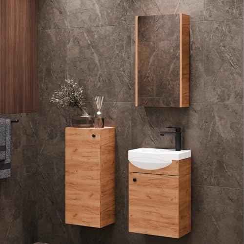 Planetmöbel Badmöbel Set Waschtisch mit Unterschrank | 40 x 60 x 29 cm, Spiegelschrank 40 cm & Midischrank für Badezimmer, Gäste WC & Bad, Gold Eiche