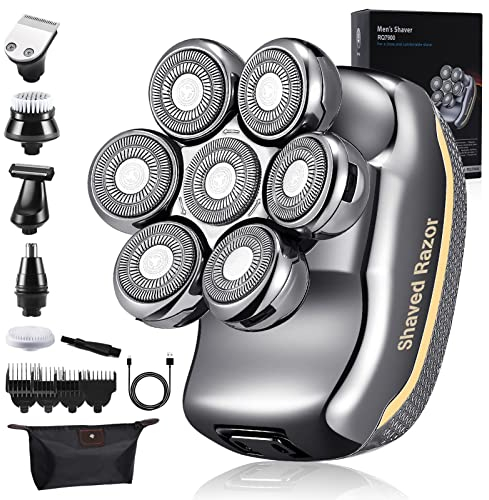 Rasierer Herren Elektrisch, 6 in 1 Glatzen Rasierer Herren für 0,0 mm, IPX6 Wasserdicht Kopfrasierer für Glatze mit 7 Rotierende Scherköpfe, Nass und Trockenrasierer Bart Nasenhaar Trimmer Pflege Kit