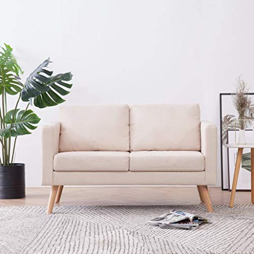 KOIECETA Sofa 2-Sitzer mit Rückenkissen Sitzkissen Zweisitzer Polstersofa Loungesofa Lounge Stoffsofa Sitzmöbel Wohnzimmer Stoff Holzrahmen Creme
