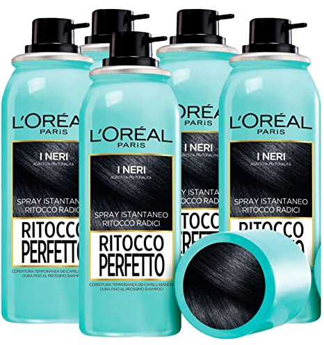 L'Oréal Paris Retusche Perfektes Spray für schwarzes Haar, sofortiger Korrektor Wurzeln gegen Nachwachsen, temporäre Abdeckung weißes Haar, Formel No Transfer, schnelltrocknend, 5 Flaschen à 75 ml
