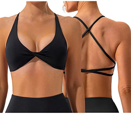 Vertvie Women's Backless Sports Bra Gym Yoga Cross Back Strappy Sports Bra Padded Open Back Low Impact Fitness Workout Crop Tank Tops Black S