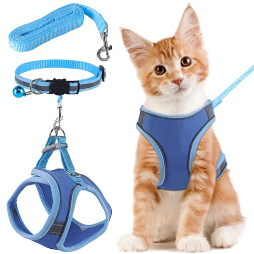 FIHODONE Katzengeschirr mit Katzenleine Katzenhalsband,Katzengeschirr mit Leine Ausbruchsicher,Cat Harness Verstellbar,Katzenleine mit Geschirr für Katzen Orange mit Reflexstreifen (L, Blau)