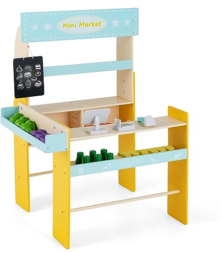 DREAMADE Kaufladen für Kinder aus Holz, Kinder Kasse mit Scanner & POS-Maschine, Einkaufsladen, Kaufmannsladen Theke & Seitentheke & Tafel & 40 Zubehör für Kinder ab 3 Jahren