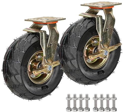 SAGIDAR Lenkrolle Luftrad, 2 Stück Geräuschlose Schwerlast Rollen, Luftreifen Gummi Rollen Ø 200/250mm, Mit Bremse, Schrauben & Metallplatten, Leicht Zu Installieren, Plattformwagen Rad