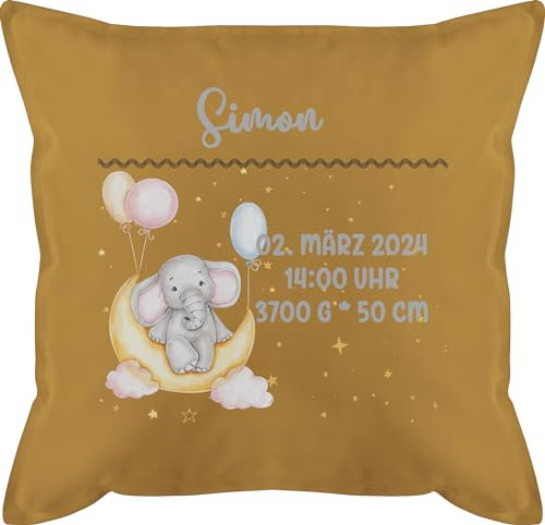 Kissen 50x50 - Geburtsgeschenk Elefant personalisiert mit Name Datum Uhrzeit Gewicht Größe I Geschenk zur Geburt - 50 x 50 cm - Gelb - personalisierte Geschenke Baby geburtskissen neugeboren