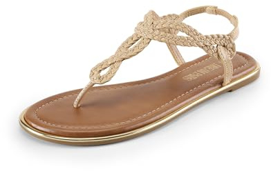 DREAM PAIRS Women's Flat Sandals Dressy Summer Stappy Comfortable Ankle Elastic T-Strap Beach Thong Sandals,Size 7.5,Nude,SDFS2406W
