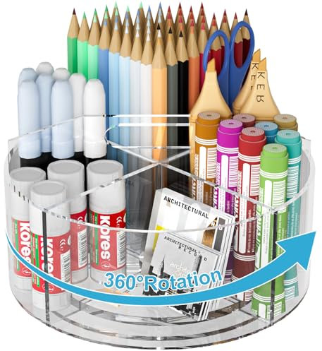 ROLIZOE 360-degree Rotating Clear Pen Organizer with 6 Compartments, Acrylic Pen Holder with Handle for Desk, Art Supply Organizer for Markers, Paints, and Brushes