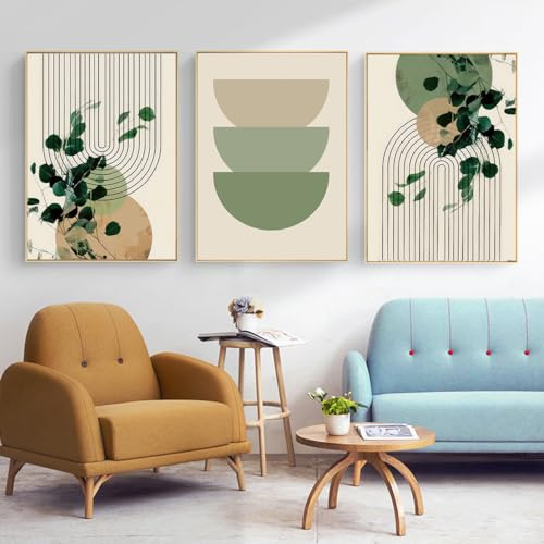 KXHHYB Tableau Moderne Lignes Géométriques Images Esthétiques de Plantes Vertes 50x70cmx3 Décoration Murale pour Salon Chambre Art Décoratif Sans Cadre