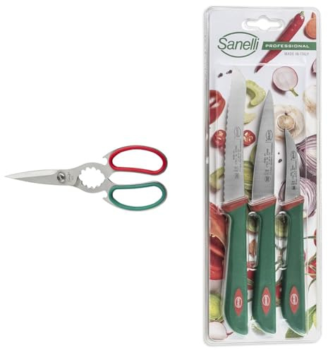 Sanelli Premana Professional Forbice Cucina, Acciaio Inossidabile, Verde/Rosso, 21.0x1.0x7.5 cm & Set 3 Coltelli Frutta e verdura: Spelucchino multiuso cm.10-Pomodoro cm.12-Verdura cm.6