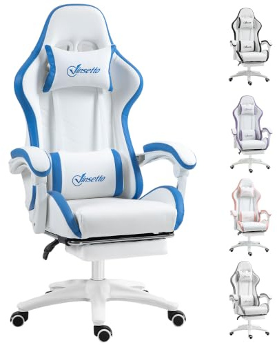Vinsetto Gaming Chair with Reclining High Back, Footrest, White and Blue | Computer Gamer Chair, Headrest, Lumbar Support, Swivel Wheels, PU Leather, Adjustable Height, for Home