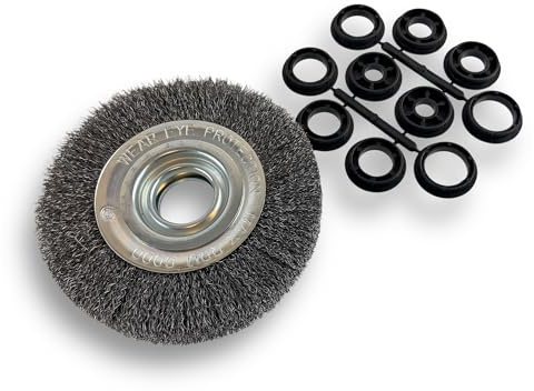 Kibros Brosse circulaire touret acier Ø 150 mm 3 rangs fil dur | Fil dur 0,30 mm ondulé, 3 rangs, alésage 32 mm + réducteurs bagues 25/22/20/16/12 mm, pour touret ou meuleuse.