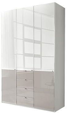 WIEMANN Drehtürenschrank mit 4 Schubkästen hochwertiger Kleiderschrank Schlafzimmerschrank 150cm breit, mit Schubladen, Glas Kieselgrau, Korpus Weiß, Höhe 216cm, Shanghai