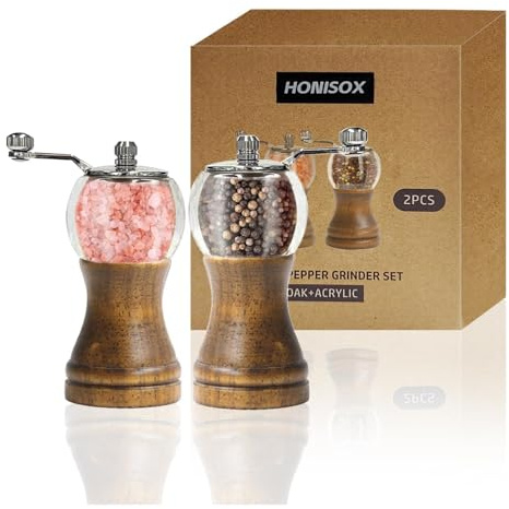 Salt Pepper Grinder Set, Manual Pepper Mills Salt Mills, Wooden and Acrylic, Zinc Alloy Handle Shakers with Adjustable Coarse Ceramic Core, 2pcs-5inch