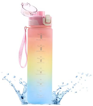Renko Wasser Flasche Trinkflasche 1l spülmaschinenfest BPA-Frei farbverlauf, Sportflasche mit Zeitmarkierung für Fitness Wasserflasche mit Verschlussdeckel und auslaufsicher (Rosa)