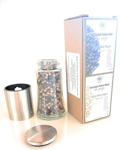 Poivre de Penja Mélange Blanc & Noir en Grain IGP proposé dans un Moulin au Design Elégant de Belle Qualité. Quantité de poivre par unité : 70ml... Un Beau Moulin pour un Poivre Prestigieux!