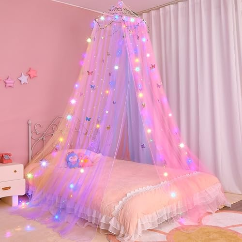 FIOBEE Bed Canopy for Girls Room Bed Canopy Curtains with Led Lights Mosquito Net DIY Princess Room Décor with Stars Butterflies for Kids Bedroom, Rainbow