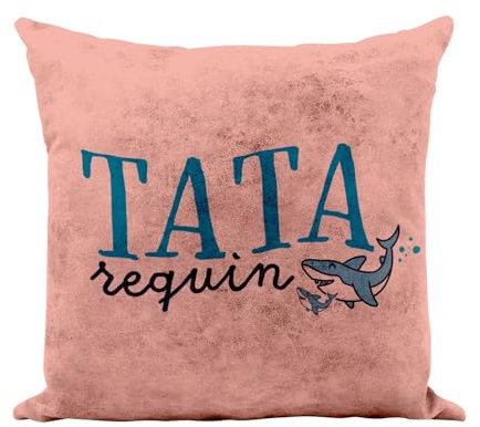 Kissen aus Kunstleder, Rosa – Tata Hai Familie niedliches Tier – 40 x 40 cm – Leder-Touch – Bezug und Kissen inklusive