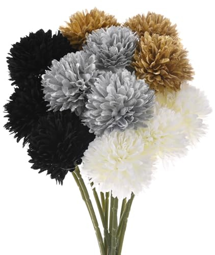 M METERXITY 12-Pack Flores de Bola de Crisantemo Artificial, Ramilletes de Seda de Hortensia Falsa de 11, Flores Falsas de Tacto Real para Boda/Navidad [Blanco Crema, Oro, Plata, Negro]