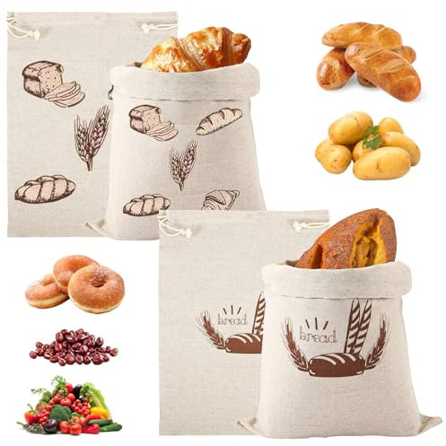 UZSUZZ Brotbeutel aus Leinen 30x40cm (4er Set) - Großes Brotaufbewahrungsset mit Kordelzug für Backzubehör, Brottasche und Lebensmittel (Obst/Gemüse)
