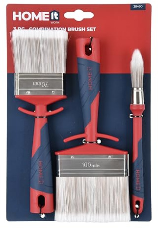 Home It Work® Lot de 3 Pinceaux Premium – 1 Pinceau Rond Ø18 mm & 2 Pinceaux Plats 70 mm + 100 mm – Brosse de Peinture Haute Qualité – Fibres Pet/PBT – Manche Ergonomique