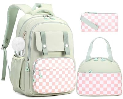 Amythe Mochila Escolar para Niña, Set de Mochila Colegio para Primaria y Secundaria con Bolsa de Almuerzo y Estuche para Lápices, Mochila Casual Ligera para Chicas 9 a 18 años, Verde